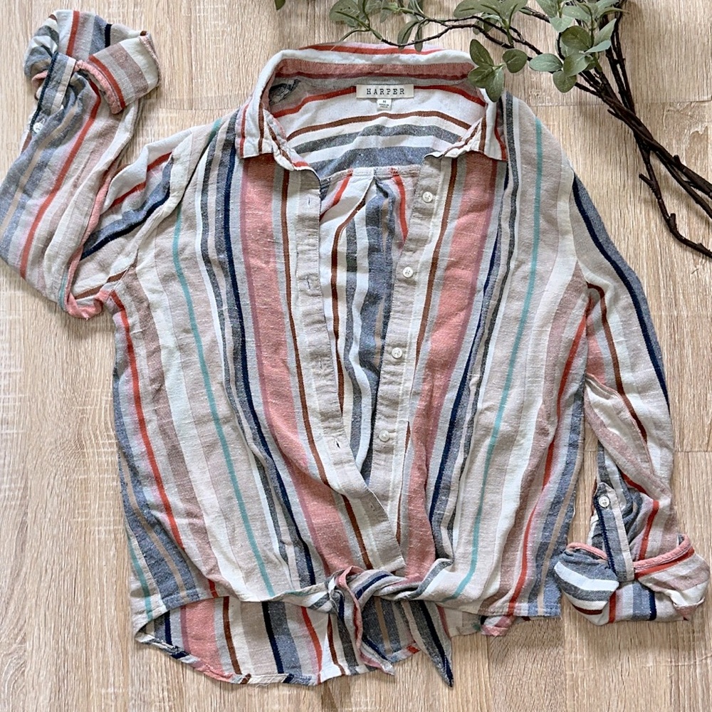 HARPER COLOR-FULL STRIPED FRONT TIE BLOUSE SIZE M